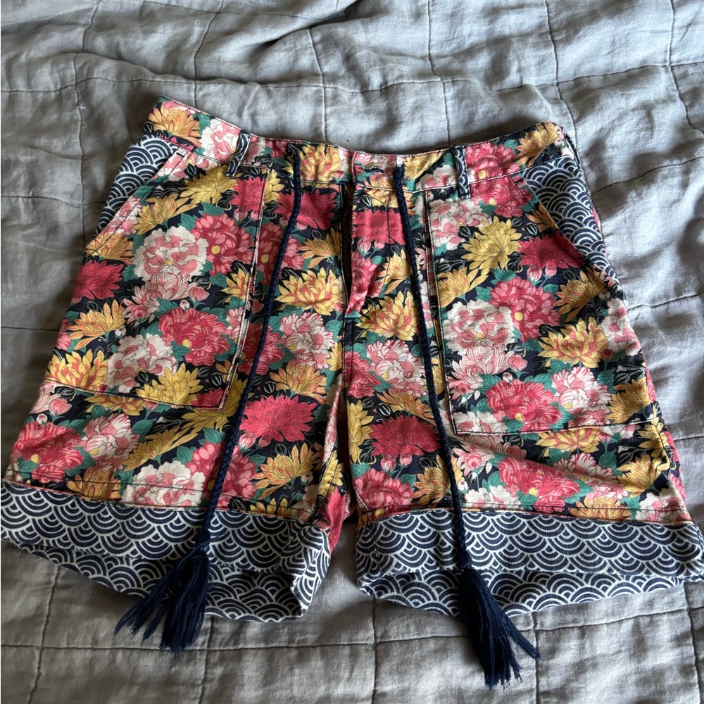 Sundance Floral Print Linen Shorts with Tassels
